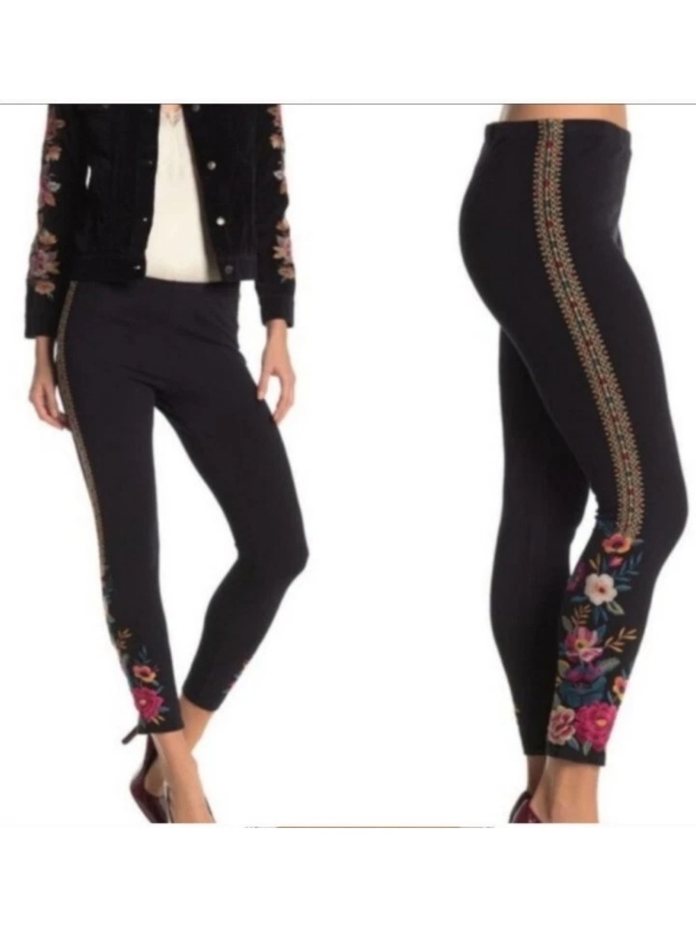 Johnny Was Embroidered Floral Black Katina Leggings size Medium